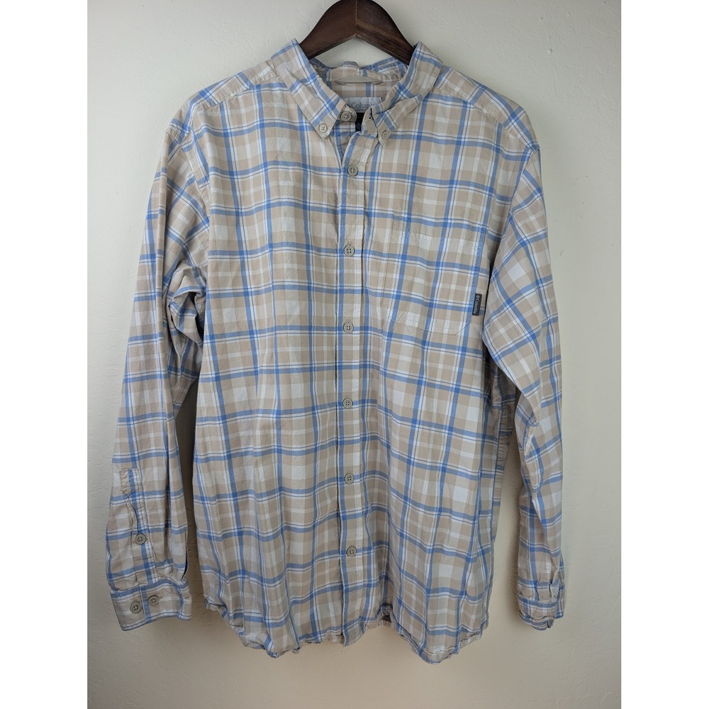 Columbia Mens XL Long Sleeve Plaid Button Down Shirt Tan Blue White Outdoor
